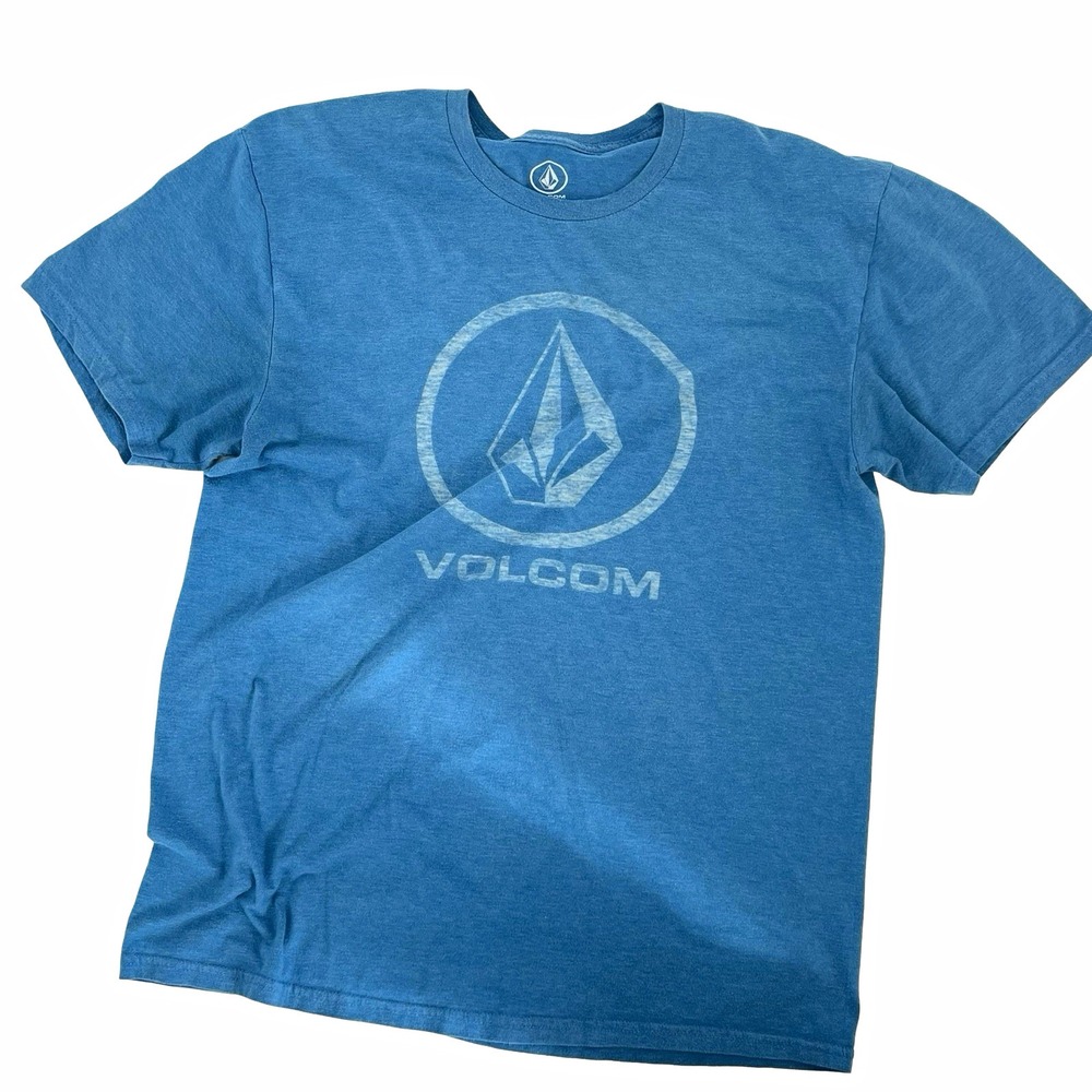 Volcom Men's L Blue Graphic Logo T-Shirt Cotton/Poly Knit Crew Neck Short Sleeve